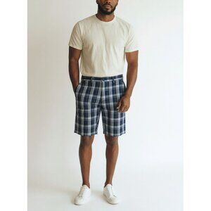 Mens Croft & Barrow Blue/White Plaid Cotton Shorts Size 42 Flat Front Button Clo